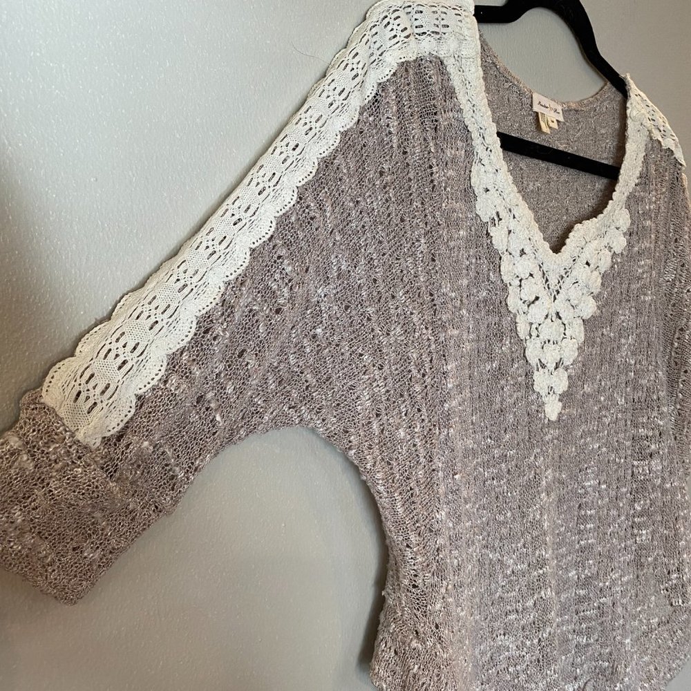 Anthropologie Meadow Rue Crochet Taupe Crochet Lace Pullover Sweater  XS - Picture 11 of 12